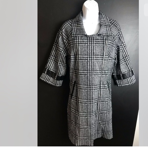 New JOSEPH RIBKOFF Glen Plaid Jacket Coat Black Silver Asymmetrical Zipper - Picture 4 of 13